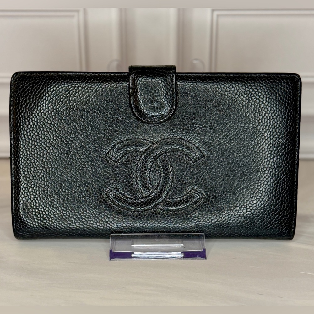 Chanel Black Caviar Leather Long Wallet CC Logo w Gold  | Full Inclusion | Halo